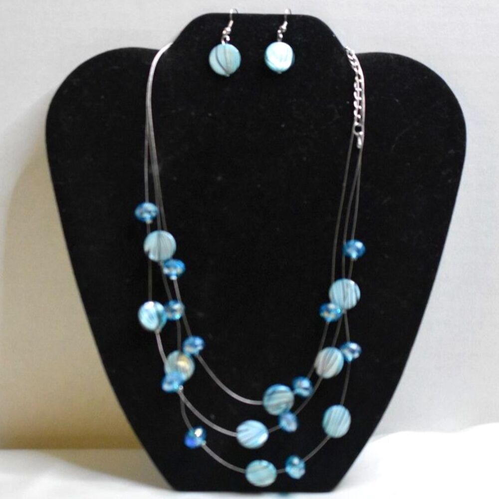 Stunning Blue Shell Hook Earrings/Multi Stand Silver Tone Wire 18" Y2K Necklace